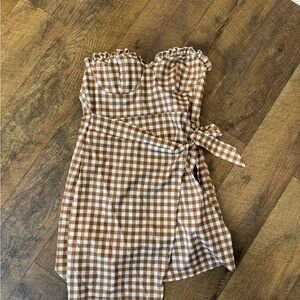 Brown Gingham Strapless romper with skirt jumpsuit